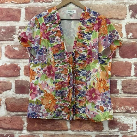 Coldwater Creek Blouse Women's Large Multicolor Floral Ruffle Button Front Shirt - Picture 1 of 9